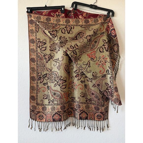 Burgundy Red & Gold Paisley Shawl Wrap Neck warmer Tassels 66”x27” Reversible - Picture 3 of 5